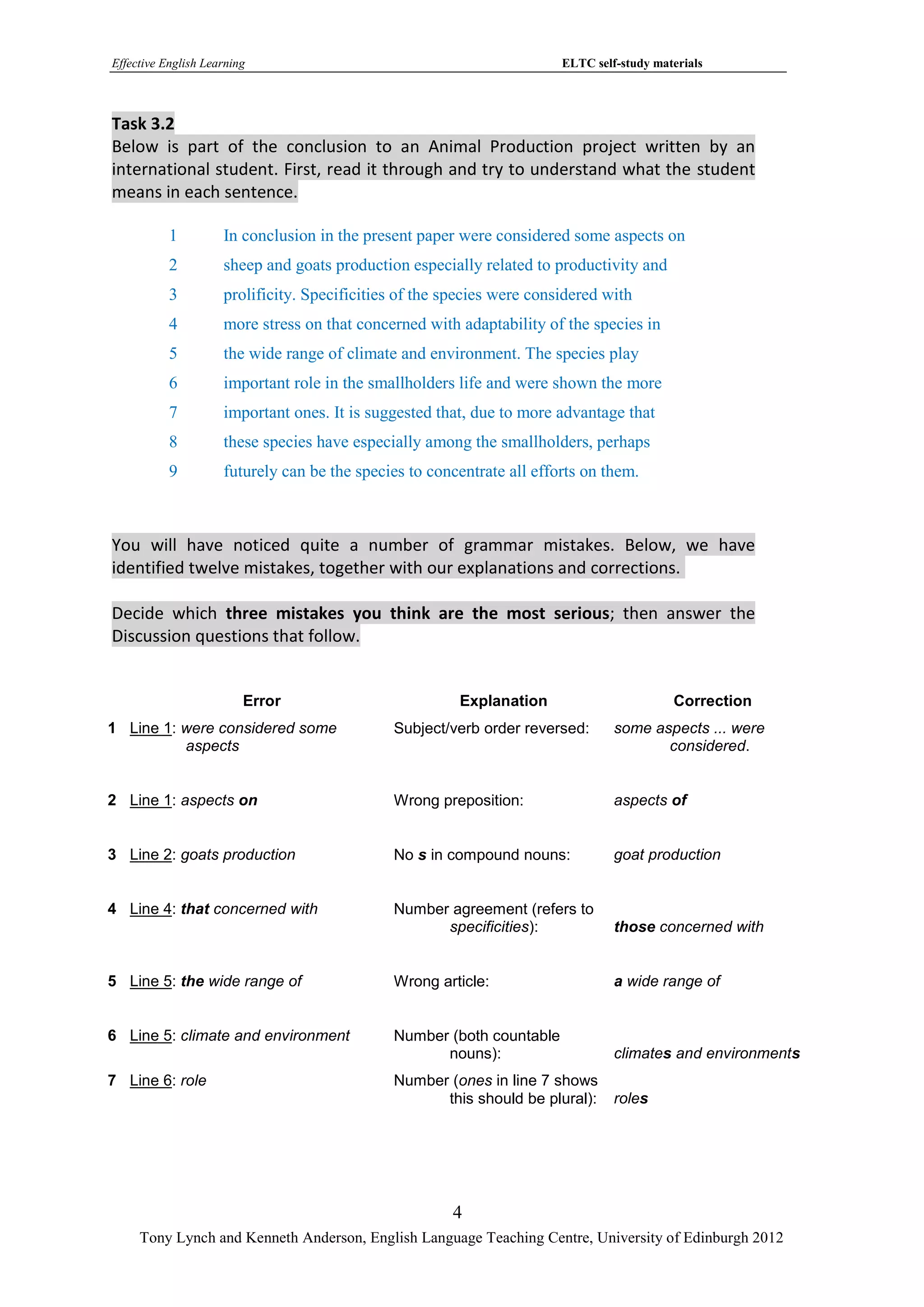 Effective English Learning                                              ELTC self-study materials



Task 3.2
Below is part of the conclusion to an Animal Production project written by an
international student. First, read it through and try to understand what the student
means in each sentence.

           1         In conclusion in the present paper were considered some aspects on
           2         sheep and goats production especially related to productivity and
           3         prolificity. Specificities of the species were considered with
           4         more stress on that concerned with adaptability of the species in
           5         the wide range of climate and environment. The species play
           6         important role in the smallholders life and were shown the more
           7         important ones. It is suggested that, due to more advantage that
           8         these species have especially among the smallholders, perhaps
           9         futurely can be the species to concentrate all efforts on them.



You will have noticed quite a number of grammar mistakes. Below, we have
identified twelve mistakes, together with our explanations and corrections.

Decide which three mistakes you think are the most serious; then answer the
Discussion questions that follow.


                         Error                          Explanation                        Correction
1 Line 1: were considered some                Subject/verb order reversed:       some aspects ... were
          aspects                                                                       considered.


2 Line 1: aspects on                          Wrong preposition:                 aspects of


3 Line 2: goats production                    No s in compound nouns:            goat production


4 Line 4: that concerned with                 Number agreement (refers to
                                                    specificities):              those concerned with


5 Line 5: the wide range of                   Wrong article:                     a wide range of


6 Line 5: climate and environment             Number (both countable
                                                    nouns):                      climates and environments
7 Line 6: role                                Number (ones in line 7 shows
                                                    this should be plural):      roles




                                                       4
     Tony Lynch and Kenneth Anderson, English Language Teaching Centre, University of Edinburgh 2012
 