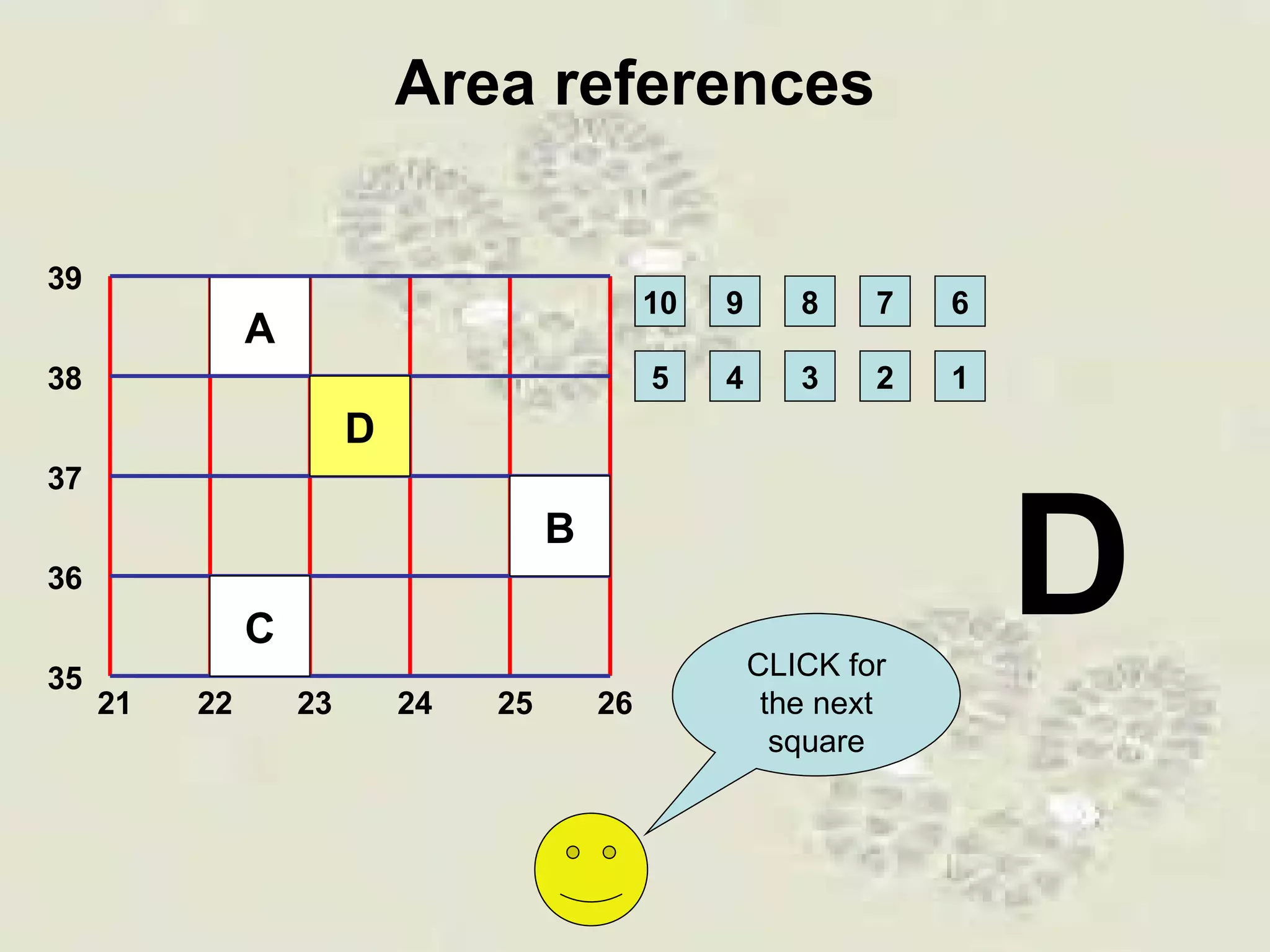 Area references 21 22 23 24 25 26 39 38 35 36 37 A 10 9 8 7 6 5 4 3 2 1 D CLICK for the next square C B D 