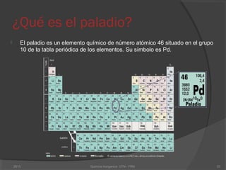 ¿Qué es el paladio?
 El paladio es un elemento químico de número atómico 46 situado en el grupo
10 de la tabla periódica de los elementos. Su símbolo es Pd.
232013 Quimica Inorganica UTN - FRN
 