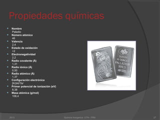 Propiedades químicas
 Nombre
Paladio
 Número atómico
46
 Valencia
2,4
 Estado de oxidación
+2
 Electronegatividad
2,2
 Radio covalente (Å)
1,31
 Radio iónico (Å)
0,50
 Radio atómico (Å)
1,37
 Configuración electrónica
[Kr]4d10
5s0
 Primer potencial de ionización (eV)
8,38
 Masa atómica (g/mol)
106,4
272013 Quimica Inorganica UTN - FRN
 