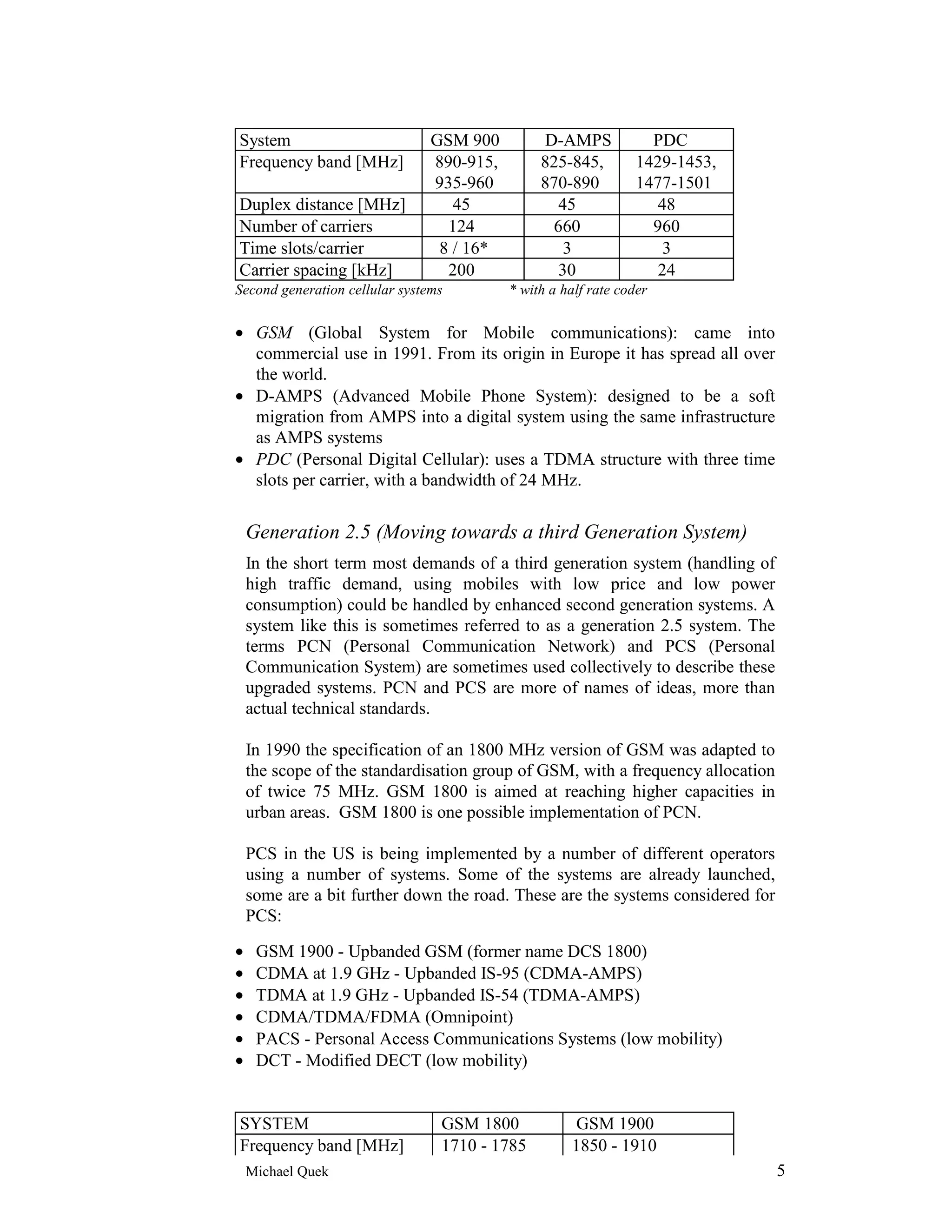 System                          GSM 900         D-AMPS             PDC
Frequency band [MHz]            890-915,        825-845,         1429-1453,
                                935-960         870-890          1477-1501
Duplex distance [MHz]              45             45                48
Number of carriers                124            660               960
Time slots/carrier               8 / 16*           3                 3
Carrier spacing [kHz]             200             30                24
Second generation cellular systems         * with a half rate coder


• GSM (Global System for Mobile communications): came into
  commercial use in 1991. From its origin in Europe it has spread all over
  the world.
• D-AMPS (Advanced Mobile Phone System): designed to be a soft
  migration from AMPS into a digital system using the same infrastructure
  as AMPS systems
• PDC (Personal Digital Cellular): uses a TDMA structure with three time
  slots per carrier, with a bandwidth of 24 MHz.


    Generation 2.5 (Moving towards a third Generation System)
    In the short term most demands of a third generation system (handling of
    high traffic demand, using mobiles with low price and low power
    consumption) could be handled by enhanced second generation systems. A
    system like this is sometimes referred to as a generation 2.5 system. The
    terms PCN (Personal Communication Network) and PCS (Personal
    Communication System) are sometimes used collectively to describe these
    upgraded systems. PCN and PCS are more of names of ideas, more than
    actual technical standards.

    In 1990 the specification of an 1800 MHz version of GSM was adapted to
    the scope of the standardisation group of GSM, with a frequency allocation
    of twice 75 MHz. GSM 1800 is aimed at reaching higher capacities in
    urban areas. GSM 1800 is one possible implementation of PCN.

    PCS in the US is being implemented by a number of different operators
    using a number of systems. Some of the systems are already launched,
    some are a bit further down the road. These are the systems considered for
    PCS:

•    GSM 1900 - Upbanded GSM (former name DCS 1800)
•    CDMA at 1.9 GHz - Upbanded IS-95 (CDMA-AMPS)
•    TDMA at 1.9 GHz - Upbanded IS-54 (TDMA-AMPS)
•    CDMA/TDMA/FDMA (Omnipoint)
•    PACS - Personal Access Communications Systems (low mobility)
•    DCT - Modified DECT (low mobility)


SYSTEM                           GSM 1800            GSM 1900
Frequency band [MHz]             1710 - 1785         1850 - 1910
    Michael Quek                                                                 5
 
