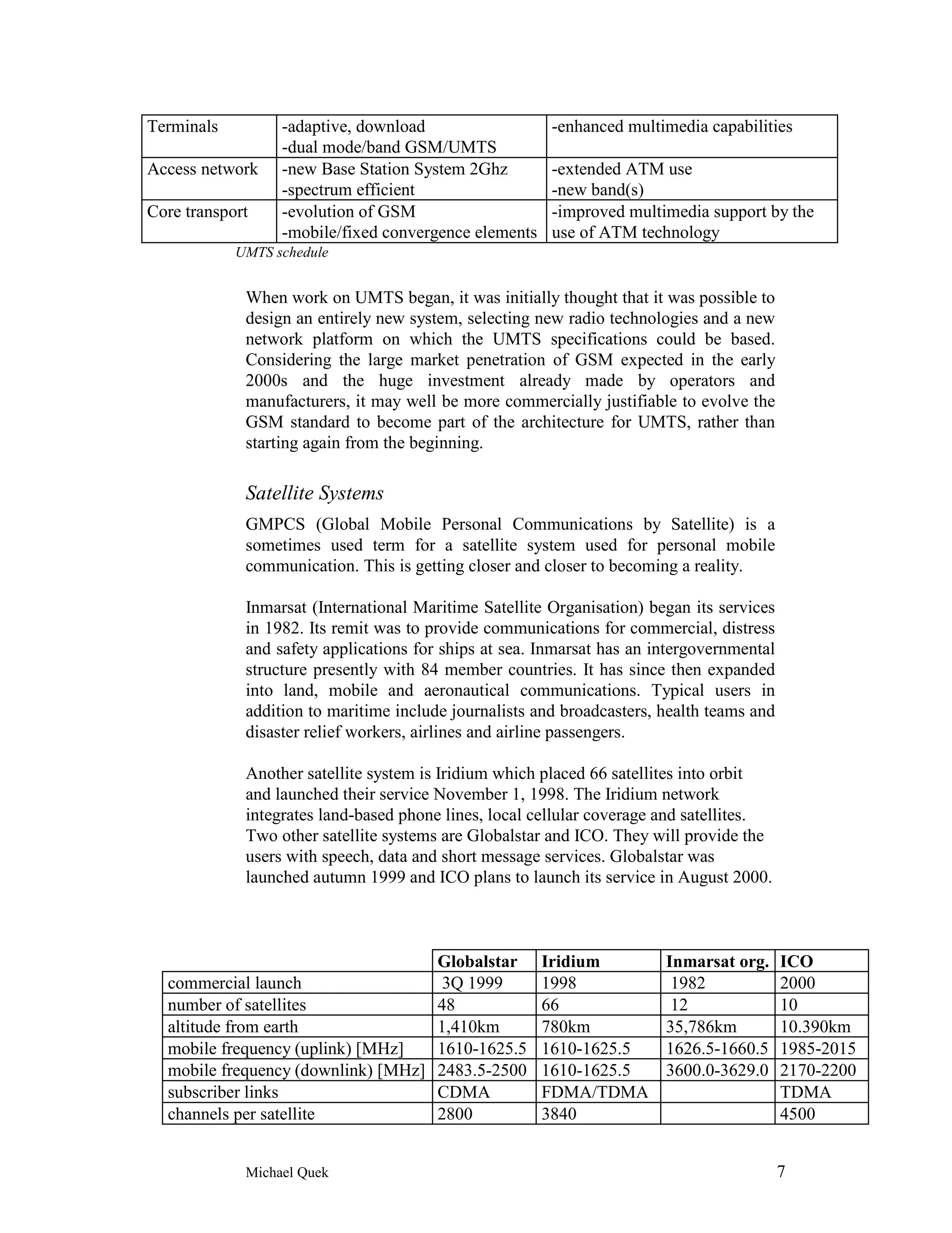 Terminals         -adaptive, download                   -enhanced multimedia capabilities
                  -dual mode/band GSM/UMTS
Access network    -new Base Station System 2Ghz         -extended ATM use
                  -spectrum efficient                   -new band(s)
Core transport    -evolution of GSM                     -improved multimedia support by the
                  -mobile/fixed convergence elements    use of ATM technology
            UMTS schedule


             When work on UMTS began, it was initially thought that it was possible to
             design an entirely new system, selecting new radio technologies and a new
             network platform on which the UMTS specifications could be based.
             Considering the large market penetration of GSM expected in the early
             2000s and the huge investment already made by operators and
             manufacturers, it may well be more commercially justifiable to evolve the
             GSM standard to become part of the architecture for UMTS, rather than
             starting again from the beginning.

             Satellite Systems
             GMPCS (Global Mobile Personal Communications by Satellite) is a
             sometimes used term for a satellite system used for personal mobile
             communication. This is getting closer and closer to becoming a reality.

             Inmarsat (International Maritime Satellite Organisation) began its services
             in 1982. Its remit was to provide communications for commercial, distress
             and safety applications for ships at sea. Inmarsat has an intergovernmental
             structure presently with 84 member countries. It has since then expanded
             into land, mobile and aeronautical communications. Typical users in
             addition to maritime include journalists and broadcasters, health teams and
             disaster relief workers, airlines and airline passengers.

             Another satellite system is Iridium which placed 66 satellites into orbit
             and launched their service November 1, 1998. The Iridium network
             integrates land-based phone lines, local cellular coverage and satellites.
             Two other satellite systems are Globalstar and ICO. They will provide the
             users with speech, data and short message services. Globalstar was
             launched autumn 1999 and ICO plans to launch its service in August 2000.



                                        Globalstar     Iridium          Inmarsat org.      ICO
  commercial launch                      3Q 1999       1998              1982              2000
  number of satellites                  48             66                12                10
  altitude from earth                   1,410km        780km            35,786km           10.390km
  mobile frequency (uplink) [MHz]       1610-1625.5    1610-1625.5      1626.5-1660.5      1985-2015
  mobile frequency (downlink) [MHz]     2483.5-2500    1610-1625.5      3600.0-3629.0      2170-2200
  subscriber links                      CDMA           FDMA/TDMA                           TDMA
  channels per satellite                2800           3840                                4500


             Michael Quek                                                                  7
 