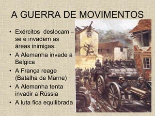 A GUERRA DE MOVIMENTOS
• Exércitos deslocam –
se e invadem as
áreas inimigas.
• A Alemanha invade a
Bélgica
• A França reage
(Batalha de Marne)
• A Alemanha tenta
invadir a Rússia
• A luta fica equilibrada
 