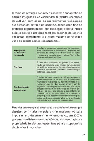 47
O ramo da proteção sui generis envolve a topografia de
circuito integrado e as variedades de plantas chamadas
de cultivar, bem como os conhecimentos tradicionais
e o acesso ao patrimônio genético, sendo cada tipo de
proteção regulamentada por legislação própria. Neste
caso, o direito à proteção também depende de registro
em órgão competente, e o prazo máximo de validade
varia de acordo com o tipo específico.
Topografia
de Circuito
Integrado
Envolve um conjunto organizado de intercone-
xões, transistores e resistências, dispostos em
camadas de configuração tridimensional sobre
uma peça de material semicondutor. São conhe-
cidos também como chips.
Cultivar
É uma nova variedade de planta, não encon-
trada na natureza, que possui características
específicas resultantes de pesquisas em agro-
nomia e biociências (genética, biotecnologia,
botânica e ecologia).
Conhecimento
Tradicional
Envolve saberes empíricos, práticas, crenças e
costumes passados de pais para filhos das co-
munidades indígenas ou de comunidade local
(por exemplo, os ribeirinhos), sobre o uso de
vegetais, microorganismos ou animais, cujas
amostras contêm informações de origem ge-
nética. Por isso, seu acesso é controlado, no
território nacional, para evitar usos indevidos
em pesquisa e desenvolvimento de novos pro-
dutos ou bioprospecção visando à aplicação
industrial e aproveitamento comercial.
Para dar segurança às empresas de semicondutores que
desejem se instalar no país e criar mecanismos para
impulsionar o desenvolvimento tecnológico, em 2007 o
governo brasileiro criou condições legais de proteção da
propriedade intelectual específicas para as topografias
de circuitos integrados.
 