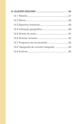 12	QUADRO-RESUMO...................................................56
12.1 	Patente................................................................57
12.2 	Marca..................................................................58
12.3 	Desenho industrial.............................................59
12.4 	Indicação geográfica..........................................60
12.5 	Direito de autor..................................................61
12.6 	Direitos conexos................................................62
12.7 	Programa de computador.................................63
12.8 	Topografia de circuito integrado......................64
12.9 	Cultivar...............................................................65
 