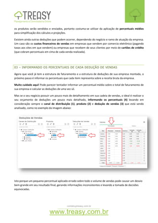 contato@treasy.com.br
www.treasy.com.br
os produtos serão vendidos e enviados, portanto costuma-se utilizar da aplicação de percentuais médios
para simplificação dos cálculos e projeções.
Existem ainda outras deduções que podem ocorrer, dependendo do negócio e ramo de atuação da empresa.
Um caso são os custos financeiros de vendas em empresas que vendem por comercio eletrônico (pagando
taxas aos sites em que vendem) ou empresas que recebem de seus clientes por meio de cartões de crédito
(que cobram percentuais em cima de cada venda realizada).
03 – INFORMANDO OS PERCENTUAIS DE CADA DEDUÇÃO DE VENDAS
Agora que você já tem a estrutura de faturamento e a estrutura de deduções de sua empresa montada, o
próximo passo é informar os percentuais que cada item representa sobre a receita bruta da empresa.
Muito cuidado aqui! Pode parecer tentador informar um percentual médio sobre o total de faturamento de
sua empresa e calcular as deduções de uma vez só.
Mas se o seu negócio possuir um pouco mais de detalhamento em sua cadeia de vendas, o ideal é realizar o
seu orçamento de deduções um pouco mais detalhado, informando os percentuais (4) levando em
consideração sempre o canal de distribuição (1), produto (2) e dedução de vendas (3) que está sendo
analisado, como no exemplo da imagem abaixo:
Isto porque um pequeno percentual aplicado errado sobre todo o volume de vendas pode causar um desvio
bem grande em seu resultado final, gerando informações inconsistentes e levando a tomada de decisões
equivocadas.
 