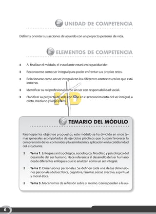 Unidad DE competencia

    Definir y orientar sus acciones de acuerdo con un proyecto personal de vida.




                                    Elementos de competencia

    	        Al finalizar el módulo, el estudiante estará en capacidad de:

    	        Reconocerse como ser integral para poder enfrentar sus propios retos.

    	        Relacionarse como un ser integral con los diferentes contextos en los que está
             inmerso.

    	        Identificar su rol profesional como un ser con responsabilidad social.

    	        Planificar su proyecto de vida con base en el reconocimiento del ser integral, a
             corto, mediano y largo plazo.




                                              Temario del módulo

    VERSIÓN BETA
        Para lograr los objetivos propuestos, este módulo se ha dividido en once te-
        mas generales acompañados de ejercicios prácticos que buscan favorecer la
        comprensión de los contenidos y la asimilación y aplicación en la cotidianidad
        del estudiante.

         	     Tema 1. Enfoques antropológico, sociológico, filosófico y psicológico del
               desarrollo del ser humano. Hace referencia al desarrollo del ser humano
               desde diferentes enfoques que lo analizan como un ser integral.

         	     Tema 2. Dimensiones personales. Se definen cada una de las dimensio-
               nes personales del ser: física, cognitiva, familiar, social, afectiva, espiritual
               y moral-ética.

         	     Tema 3. Mecanismos de reflexión sobre sí mismo. Corresponden a la au-




6
 