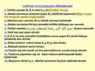 ŞEYTAN TAŞLAMANIN SÜNNETLERİ 1.  Tertibe uymak (küçük-orta-büyük) ( Şafiler: Vacip )  2.  Akabe cemresine atılacak taşları Müzdelife’de toplamak ( diğer taşlar her hangi bir yerden toplanabilir ) 3.  Mina’ya varır varmaz ilk iş olarak cemreyi taşlamak 4.  Akabe cemresine ilk taşı atmakla birlikte telbiyeye son vermek 5.  Taşları atarken  بسم ألله أكبر رغما للشيطان وحزبه   duasını okumak 6.  Yedi taşı peş peşe atmak  7.  Küçük ve orta cemreleri taşladıktan sonra uygun bir yerde kıbleye yönelerek dua etmek.  8.  Atılan taşların  nohut tanesi büyüklüğünde olması.  9.  Atılacak taşların temiz olması.  10. Taşları sağ elin işaret ve baş parmaklarının ucuyla tutup atmak 11.  Taşlama yaparken sağ eli,  başın hizasını geçmeyecek kadar kaldırmak. 12.  Bayramın birinci günü Aka’be cemresine kuşluk vaktinde atmak  