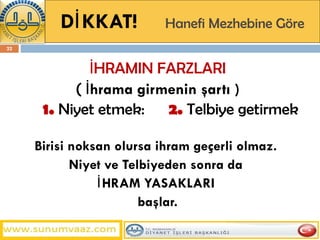 DİKKAT!  Hanefi Mezhebine Göre İHRAMIN FARZLARI (  İ hrama girmenin şartı ) 1.  Niyet etmek:  2.  Telbiye getirmek Birisi noksan olursa ihram geçerli olmaz.  Niyet ve Telbiyeden sonra da  İHRAM YASAKLARI  başlar. 