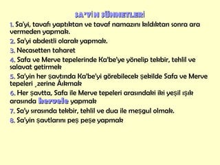 SA’YİN SÜNNETLERİ 1.  Sa'yi, tavafı yaptıktan ve tavaf namazını kıldıktan sonra ara vermeden yapmak.  2.  Sa’yi abdestli olarak yapmak.  3.  Necasetten taharet 4.  Safa ve Merve tepelerinde Ka’be’ye yönelip tekbir, tehlil ve salavat getirmek 5.  Sa’yin her şavtında Ka’be’yi görebilecek şekilde Safa ve Merve tepeleri üzerine çıkmak  6.  Her şavtta, Safa ile Merve tepeleri arasındaki iki yeşil ışık arasında  hervele   yapmak  7.  Sa’y sırasında tekbir, tehlil ve dua ile meşgul olmak.   8.  Sa’yin şavtlarını peş peşe yapmak 