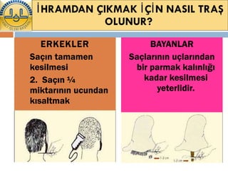 İHRAMDAN ÇIKMAK İÇİN NASIL TRAŞ OLUNUR?  ERKEKLER Saçın tamamen kesilmesi  2.  Saçın ¼ miktarının ucundan kısaltmak BAYANLAR Saçlarının uçlarından bir parmak kalınlığı kadar kesilmesi yeterlidir. 