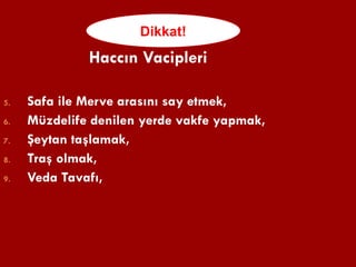   Önemlidir!   Haccın Vacipleri Safa ile Merve arasını say etmek, Müzdelife denilen yerde vakfe yapmak, Şeytan taşlamak, Traş olmak, Veda Tavafı, Dikkat! 