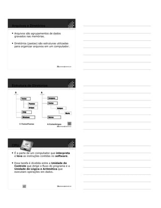 22ppguimaraes@hotmail.com
 Arquivos são agrupamentos de dados
gravados nas memórias.
 Diretórios (pastas) são estruturas utilizadas
para organizar arquivos em um computador.
Arquivos e Diretórios
23ppguimaraes@hotmail.com
C:
Textos
FPAG
Windows
Poemas
Artigos
A:
Imagens
Cartas
Outros
Amigos
Maria
C:TextosPoemas A:CartasAmigos
Estrutura de Diretórios
 