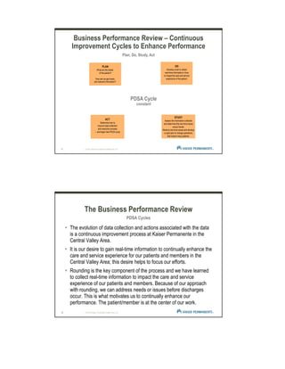 11 | © 2012 Kaiser Foundation Health Plan, Inc.
Business Performance Review – Continuous
Improvement Cycles to Enhance Performance
Plan, Do, Study, Act
PDSA Cycle
constant
PLAN
What are the needs
of the patient?
How can we get timely
and relevant information?
DO
Develop a tool to collect
real-time information in time
to impact the care and service
experience of the patient.
STUDY
Assess the information collected
and determine the one-time issues
versus trends.
Resolve one-time issues and develop
a rapid plan to change operations
that impact many patients.
ACT
Determine how to
improve data collection
and resolution process
-- and begin new PDSA cycle.
12 | © 2012 Kaiser Foundation Health Plan, Inc.
The evolution of data collection and actions associated with the data
is a continuous improvement process at Kaiser Permanente in the
Central Valley Area.
It is our desire to gain real-time information to continually enhance the
care and service experience for our patients and members in the
Central Valley Area; this desire helps to focus our efforts.
Rounding is the key component of the process and we have learned
to collect real-time information to impact the care and service
experience of our patients and members. Because of our approach
with rounding, we can address needs or issues before discharges
occur. This is what motivates us to continually enhance our
performance. The patient/member is at the center of our work.
The Business Performance Review
PDSA Cycles
 