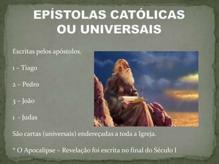 Escritas pelos apóstolos.

1 – Tiago

2 – Pedro

3 – João

1 - Judas

São cartas (universais) endereçadas a toda a Igreja.

* O Apocalipse – Revelação foi escrita no final do Século I
 