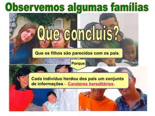 Que os filhos são parecidos com os pais.
Cada indivíduo herdou dos pais um conjunto
de informações - Carateres hereditários.
Porque
 