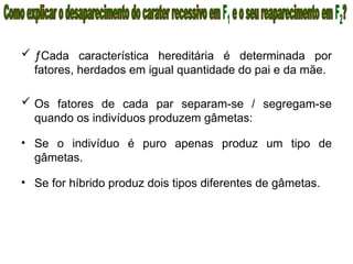  ƒCada característica hereditária é determinada por
fatores, herdados em igual quantidade do pai e da mãe.
 Os fatores de cada par separam-se / segregam-se
quando os indivíduos produzem gâmetas:
• Se o indivíduo é puro apenas produz um tipo de
gâmetas.
• Se for híbrido produz dois tipos diferentes de gâmetas.
 
