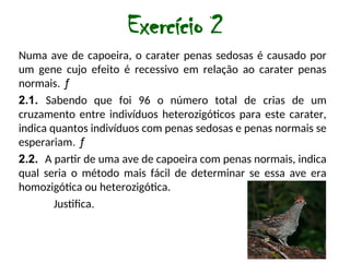 Exercício 2
Numa ave de capoeira, o carater penas sedosas é causado por
um gene cujo efeito é recessivo em relação ao carater penas
normais. ƒ
2.1. Sabendo que foi 96 o número total de crias de um
cruzamento entre indivíduos heterozigóticos para este carater,
indica quantos indivíduos com penas sedosas e penas normais se
esperariam. ƒ
2.2. A partir de uma ave de capoeira com penas normais, indica
qual seria o método mais fácil de determinar se essa ave era
homozigótica ou heterozigótica.
Justifica.
 