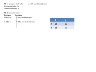 4.1. S – alelo para lóbulo solto s – alelo para lóbulo aderente
Genótipo da mulher: Ss
Genótipo do homem: ss
4.2. Cruzamento: Ss x ss
Genótipos: Fenótipos:
½ (50%) Ss ½ (50%) com lóbulo solto
½ (50%) ss ½ (50%) com lóbulo aderente
S s
s Ss ss
s Ss ss
 