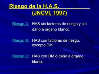 Riesgo de la H.A.S.  (JNCVI, 1997) Riesgo A: HAS sin factores de riesgo y sin daño a órgano blanco. Riesgo B:   HAS con factores de riesgo,  excepto DM. Riesgo C:   HAS con DM ó daño a órgano blanco. 