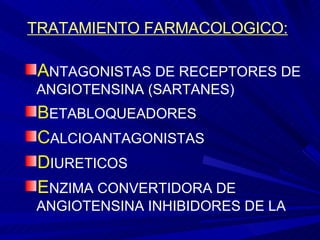 TRATAMIENTO FARMACOLOGICO: A NTAGONISTAS DE RECEPTORES DE ANGIOTENSINA (SARTANES) B ETABLOQUEADORES C ALCIOANTAGONISTAS D IURETICOS E NZIMA CONVERTIDORA DE ANGIOTENSINA INHIBIDORES DE LA   