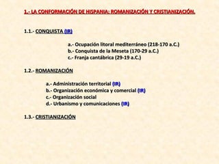 1.- LA CONFORMACIÓN DE HISPANIA: ROMANIZACIÓN Y CRISTIANIZACIÓN. 1.1.-  CONQUISTA  (IR) a.- Ocupación litoral mediterráneo (218-170 a.C.) b.- Conquista de la Meseta (170-29 a.C.) c.- Franja cantábrica (29-19 a.C.) 1.2.-  ROMANIZACIÓN a.- Administración territorial  (IR) b.- Organización económica y comercial  (IR) c.- Organización social d.- Urbanismo y comunicaciones  (IR) 1.3.-  CRISTIANIZACIÓN 