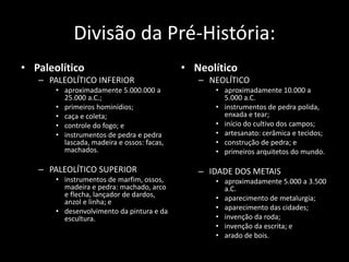 Divisão da Pré-História:
• Paleolítico
– PALEOLÍTICO INFERIOR
• aproximadamente 5.000.000 a
25.000 a.C.;
• primeiros hominídios;
• caça e coleta;
• controle do fogo; e
• instrumentos de pedra e pedra
lascada, madeira e ossos: facas,
machados.
– PALEOLÍTICO SUPERIOR
• instrumentos de marfim, ossos,
madeira e pedra: machado, arco
e flecha, lançador de dardos,
anzol e linha; e
• desenvolvimento da pintura e da
escultura.
• Neolítico
– NEOLÍTICO
• aproximadamente 10.000 a
5.000 a.C.
• instrumentos de pedra polida,
enxada e tear;
• início do cultivo dos campos;
• artesanato: cerâmica e tecidos;
• construção de pedra; e
• primeiros arquitetos do mundo.
– IDADE DOS METAIS
• aproximadamente 5.000 a 3.500
a.C.
• aparecimento de metalurgia;
• aparecimento das cidades;
• invenção da roda;
• invenção da escrita; e
• arado de bois.
 