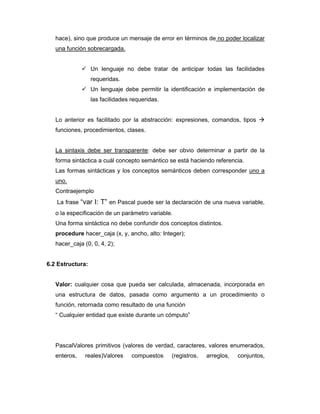 hace), sino que produce un mensaje de error en términos de no poder localizar
una función sobrecargada.

Un lenguaje no debe tratar de anticipar todas las facilidades
requeridas.
Un lenguaje debe permitir la identificación e implementación de
las facilidades requeridas.

Lo anterior es facilitado por la abstracción: expresiones, comandos, tipos
funciones, procedimientos, clases.

La sintaxis debe ser transparente: debe ser obvio determinar a partir de la
forma sintáctica a cuál concepto semántico se está haciendo referencia.
Las formas sintácticas y los conceptos semánticos deben corresponder uno a
uno.
Contraejemplo
La frase “var I: T” en Pascal puede ser la declaración de una nueva variable,
o la especificación de un parámetro variable.
Una forma sintáctica no debe confundir dos conceptos distintos.
procedure hacer_caja (x, y, ancho, alto: Integer);
hacer_caja (0, 0, 4, 2);

6.2 Estructura:

Valor: cualquier cosa que pueda ser calculada, almacenada, incorporada en
una estructura de datos, pasada como argumento a un procedimiento o
función, retornada como resultado de una función
“ Cualquier entidad que existe durante un cómputo”

PascalValores primitivos (valores de verdad, caracteres, valores enumerados,
enteros,

reales)Valores

compuestos

(registros,

arreglos,

conjuntos,

 