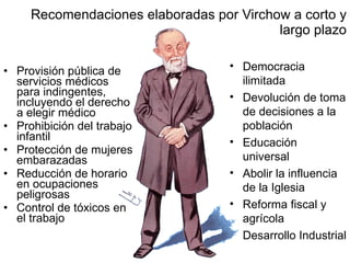 Recomendaciones elaboradas por Virchow a corto y largo plazo Provisión pública de servicios médicos para indingentes, incluyendo el derecho a elegir médico Prohibición del trabajo infantil Protección de mujeres embarazadas Reducción de horario en ocupaciones peligrosas Control de tóxicos en el trabajo Democracia ilimitada Devolución de toma de decisiones a la población Educación universal Abolir la influencia de la Iglesia Reforma fiscal y agrícola Desarrollo Industrial  
