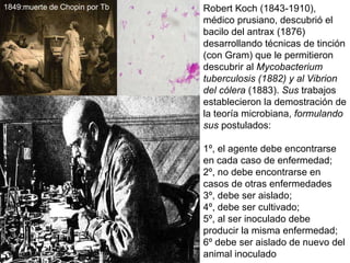 Robert Koch (1843-1910), médico prusiano, descubrió el  bacilo del antrax (1876) desarrollando técnicas de tinción (con Gram) que le permitieron descubrir a l  Mycobacterium tuberculosis (1882) y al Vibrion del cólera  (1883).  Sus  trabajos establecieron la demostración de la teoría microbiana,  formulando sus  postulados: 1º, el agente debe encontrarse en cada caso de enfermedad; 2º, no debe encontrarse en casos de otras enfermedades 3º, debe ser aislado; 4º, debe ser cultivado; 5º, al ser inoculado debe producir la misma enfermedad; 6º debe ser aislado de nuevo del animal inoculado 1849:muerte de Chopin por Tb 