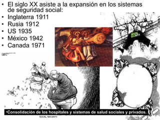 El siglo XX asiste a la expansión en los sistemas de seguridad social: Inglaterra 1911 Rusia 1912 US 1935 México 1942 Canada 1971 Consolidación de los hospitales y sistemas de salud sociales y privados. 