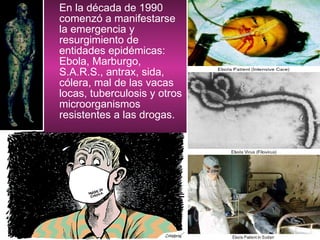 En la década de 1990 comenzó a manifestarse la emergencia y resurgimiento de entidades epidémicas: Ebola, Marburgo, S.A.R.S., antrax, sida, cólera, mal de las vacas locas, tuberculosis y otros microorganismos resistentes a las drogas.  