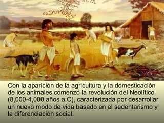 Con la aparición de la agricultura y la domesticación de los animales comenzó la revolución del Neolítico (8,000-4,000 años a.C), caracterizada por desarrollar un nuevo modo de vida basado en el sedentarismo y la diferenciación social.  