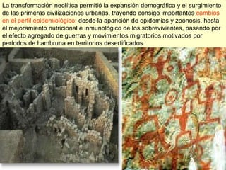 La transformación neolítica permitió la expansión demográfica y el surgimiento de las primeras civilizaciones urbanas, trayendo consigo importantes  cambios en el perfil epidemiológico : desde la aparición de epidemias y zoonosis, hasta el mejoramiento nutricional e inmunológico de los sobrevivientes, pasando por el efecto agregado de guerras y movimientos migratorios motivados por períodos de hambruna en territorios desertificados.  