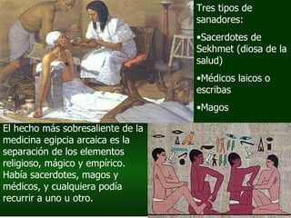El hecho más sobresaliente de la medicina egipcia arcaica es la separación de los elementos religioso, mágico y empírico. Había sacerdotes, magos y médicos, y cualquiera podía recurrir a uno u otro.  Tres tipos de sanadores: Sacerdotes de Sekhmet (diosa de la salud) Médicos laicos o escribas Magos 
