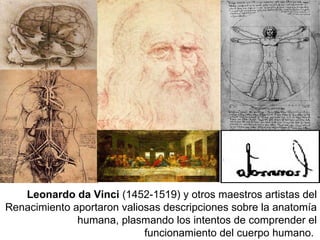 Leonardo da Vinci  (1452-1519) y otros maestros artistas del Renacimiento aportaron valiosas descripciones sobre la anatomía humana, plasmando los intentos de comprender el funcionamiento del cuerpo humano.  