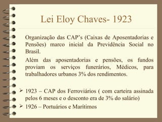 Lei Eloy Chaves- 1923
Organização das CAP’s (Caixas de Aposentadorias e
Pensões) marco inicial da Previdência Social no
Brasil.
Além das aposentadorias e pensões, os fundos
proviam os serviços funerários, Médicos, para
trabalhadores urbanos 3% dos rendimentos.
 1923 – CAP dos Ferroviários ( com carteira assinada
pelos 6 meses e o desconto era de 3% do salário)
 1926 – Portuários e Marítimos
 