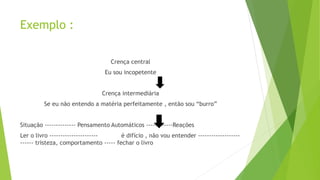 Exemplo :
Crença central
Eu sou incopetente
Crença intermediária
Se eu não entendo a matéria perfeitamente , então sou “burro”
Situação -------------- Pensamento Automáticos ------------Reações
Ler o livro ---------------------- é difício , não vou entender -------------------
------ tristeza, comportamento ----- fechar o livro
 