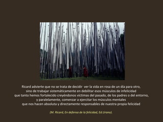 Ricard advierte que no se trata de decidir  ver la vida en rosa de un día para otro,  sino de trabajar sistemáticamente en debilitar esos músculos de infelicidad  que tanto hemos fortalecido creyéndonos víctimas del pasado, de los padres o del entorno, y paralelamente, comenzar a ejercitar los músculos mentales  que nos hacen absoluta y directamente responsables de nuestra propia felicidad  (M. Ricard, En defensa de la felicidad, Ed.Urano).  