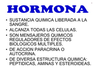 SUSTANCIA QUIMICA LIBERADA A LA SANGRE. ALCANZA TODAS LAS CELULAS. SON MENSAJEROS QUIMICOS REGULADORES DE EFECTOS BIOLOGICOS MULTIPLES. DE ACCION PARACRINA O AUTOCRINA. DE DIVERSA ESTRUCTURA QUIMICA: PEPTIDICAS, AMINAS Y ESTEROIDEAS. 