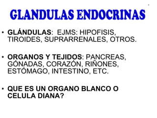 GLÁNDULAS :  EJMS: HIPOFISIS, TIROIDES, SUPRARRENALES, OTROS. ORGANOS Y TEJIDOS : PANCREAS, GÓNADAS, CORAZÓN, RIÑONES, ESTÓMAGO, INTESTINO, ETC. QUE ES UN ORGANO BLANCO O CELULA DIANA? 