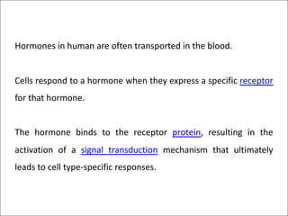 Hormones in human are often transported in the blood.
Cells respond to a hormone when they express a specific receptor
for that hormone.
The hormone binds to the receptor protein, resulting in the
activation of a signal transduction mechanism that ultimately
leads to cell type-specific responses.
 