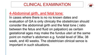 CLINICAL EXAMINATION
4-Abdominal girth, and fetal tone:
In cases where there is no no known dates and
evaluation of GA is only clinicaly the obstetrician should
consider the abdominal girth and the fetal tone ( ratio
between the fetus and fluid on palpation) as certain
gestational ages may make the fundus uteri at the same
point on mother’s abdomen e.g. fundal level of 36w, 38
week, and 40 weeks. The obstetrician clinical sence is
important in such situations.
 