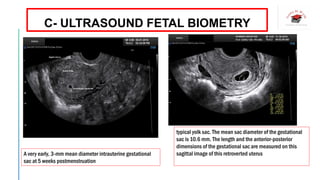 A very early, 3-mm mean diameter intrauterine gestational
sac at 5 weeks postmenstruation
typical yolk sac. The mean sac diameter of the gestational
sac is 10.6 mm. The length and the anterior-posterior
dimensions of the gestational sac are measured on this
sagittal image of this retroverted uterus
C- ULTRASOUND FETAL BIOMETRY
 