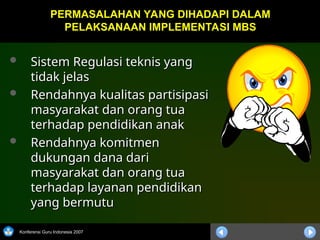 Konferensi Guru Indonesia 2007
 Sistem Regulasi teknis yang
Sistem Regulasi teknis yang
tidak jelas
tidak jelas
 Rendahnya kualitas partisipasi
Rendahnya kualitas partisipasi
masyarakat dan orang tua
masyarakat dan orang tua
terhadap pendidikan anak
terhadap pendidikan anak
 Rendahnya komitmen
Rendahnya komitmen
dukungan dana dari
dukungan dana dari
masyarakat dan orang tua
masyarakat dan orang tua
terhadap layanan pendidikan
terhadap layanan pendidikan
yang bermutu
yang bermutu
PERMASALAHAN YANG DIHADAPI DALAM
PERMASALAHAN YANG DIHADAPI DALAM
PELAKSANAAN IMPLEMENTASI MBS
PELAKSANAAN IMPLEMENTASI MBS
 
