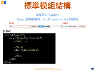 Copyright © 2012 FITPI. All rights reserved.
<div id=”ykpsb”>
<div class=”bd clearfix”>
<form ...>
...
</form>
<div class=”extra”>
...
</div>
</div>
</div>
form .extra
[HTML]
此模組叫 #ykpsb
#ykp 是專案縮寫、sb 是 Search Box 的縮寫
39
標準模組結構
 