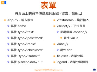 Copyright © 2012 FITPI. All rights reserved.
表單
๏ <input> - 輸入欄位
❖ 屬性 name
❖ 屬性 type="text"
❖ 屬性 type="password"
❖ 屬性 type="radio"
❖ 屬性 type="checkbox"
❖ 屬性 type="submit"
❖ 屬性 placeholder= "..."
๏ <textarea/> - 換行輸入
๏ <select/> - 下拉選單
❖ 從屬標籤 <option/>
✦ 屬性 value
๏ <label/>
❖ 屬性 for
๏ fieldset - 表單分區
๏ legend - 表單分區標題
45
將頁面上的資料傳送給伺服器 (留言、註冊...)
 