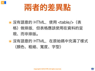Copyright © 2012 FITPI. All rights reserved.
๏ 沒有語意的 HTML，使用 <table/>（表
格）做排版，但表格應該使用在資料的呈
現、而非排版。
๏ 沒有語意的 HTML，在原始碼中充滿了樣式
（顏色、粗細、寬度、字型）
9
兩者的差異點
 