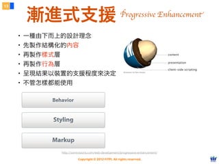 Copyright © 2012 FITPI. All rights reserved.
13
漸進式支援
・一種由下而上的設計理念
・先製作結構化的內容
・再製作樣式層
・再製作行為層
・呈現結果以裝置的支援程度來決定
・不管怎樣都能使用
http://sixrevisions.com/web-development/progressive-enhancement/
Progressive Enhancement
 
