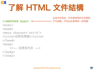 Copyright © 2012 FITPI. All rights reserved.
16
了解 HTML 文件結構
此為文件宣告，你所要使用的文件類型
不可省略，不然必定會帶來一些問題<!DOCTYPE html>
<html>
<head>
<meta charset="utf-8">
<title>這裡放標題</title>
</head>
<body>
    <!-- 這裡放內容 -->
</body>
</html>
 